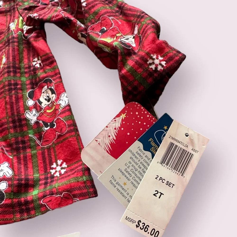 NWT Toddler Girl Disney Two Piece Pajama Set Plaid Minnie Mouse Winter Holiday